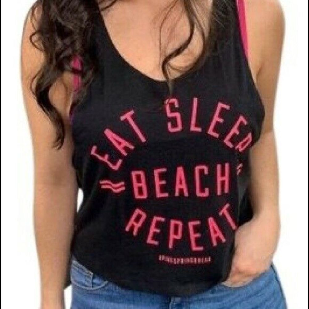 Victoria's Secret VS pink eat sleep beach repeat black tank top size XS